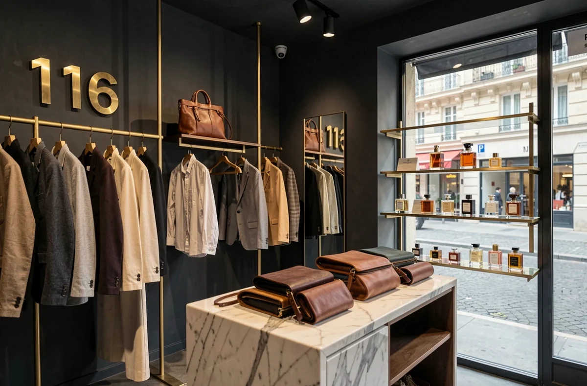 Boutique concept store 116 à Marseille avec ses murs anthracite, ses accessoires en cuir artisanal et ses vêtements sélectionnés sur des portants en métal dans une atmosphère élégante et intime.