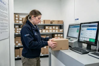 Agente de livraison scannant un colis au point relais NEW Touch Sainte Geneviève des Bois