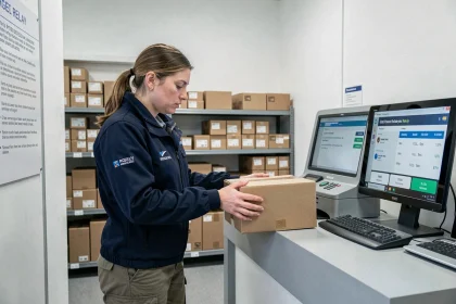 Agente de livraison scannant un colis au point relais NEW Touch Sainte Geneviève des Bois