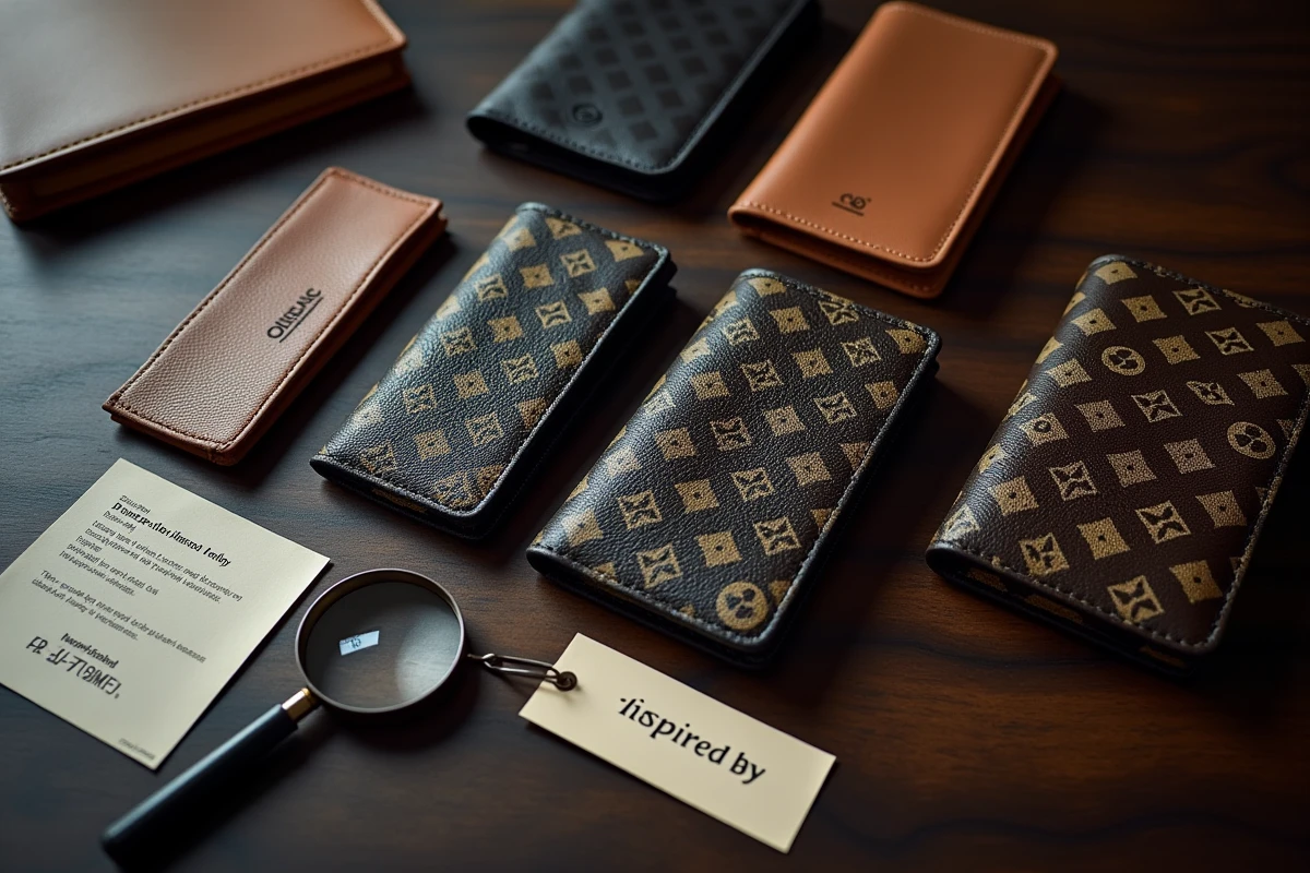 Mise à plat d'accessoires inspirés Louis Vuitton avec loupe et fiche d'authenticité sur bureau en bois sombre, analyse des différences entre faux et réplique