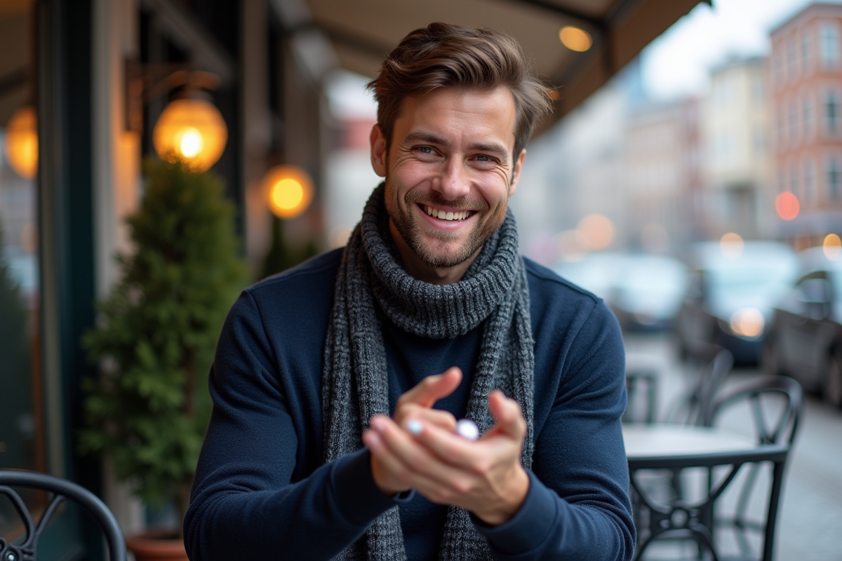 Jeune homme appliquant creme dans un cafe en hiver
