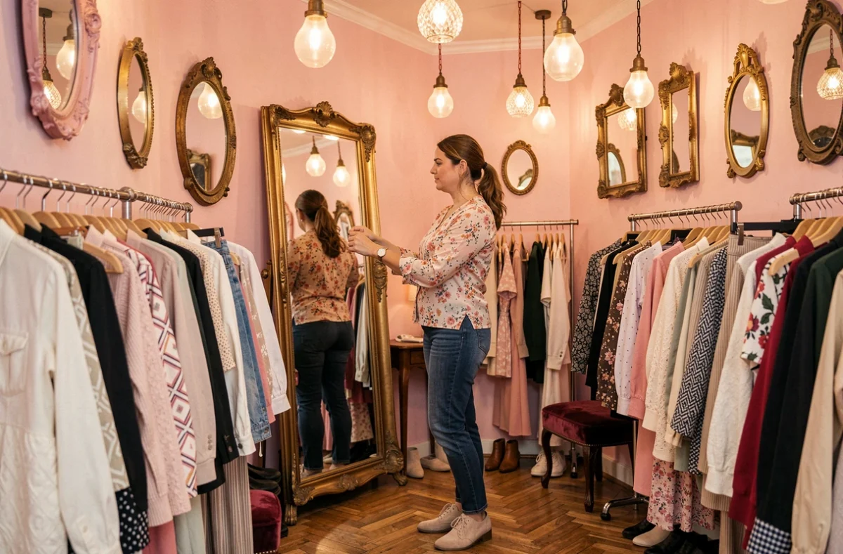 Ambiance chaleureuse de la boutique L'Armoire de Chloé à La Talaudière avec miroirs vintage et vêtements féminins