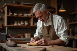 Artisan en train de façonner une forme de chaussure en bois
