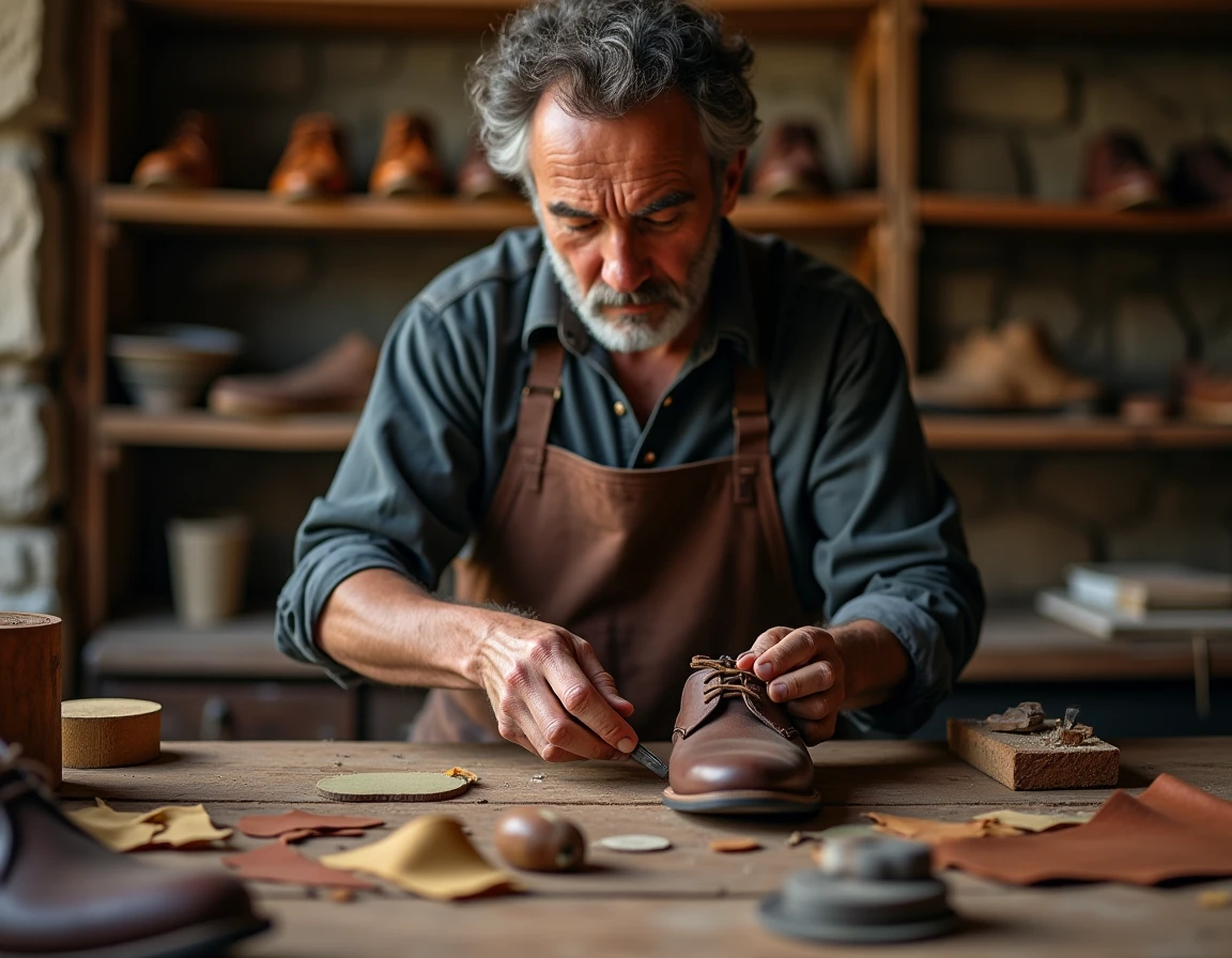 Artisan cordonnier finissant à la main une babouche en cuir marron foncé dans un atelier traditionnel marocain