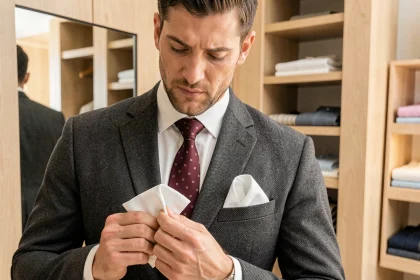 Homme en costume gris anthracite pliant une pochette blanche en lin avec une cravate bordeaux, dans un dressing moderne en bois clair