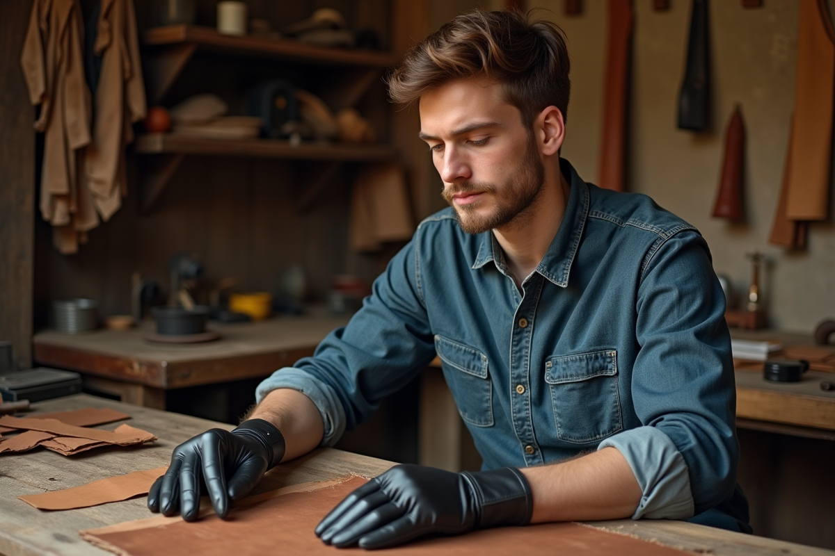 Jeune homme examinant des gants en cuir dans un atelier artisanal