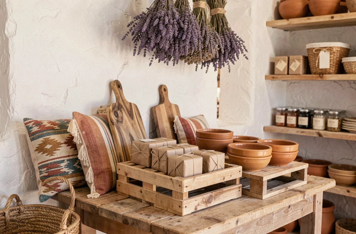 Boutique Aussih avec ses coussins kilim tissés à la main, ses savons artisanaux emballés dans du papier kraft et ses céramiques régionales en argile disposées sur des caisses en bois recyclé.