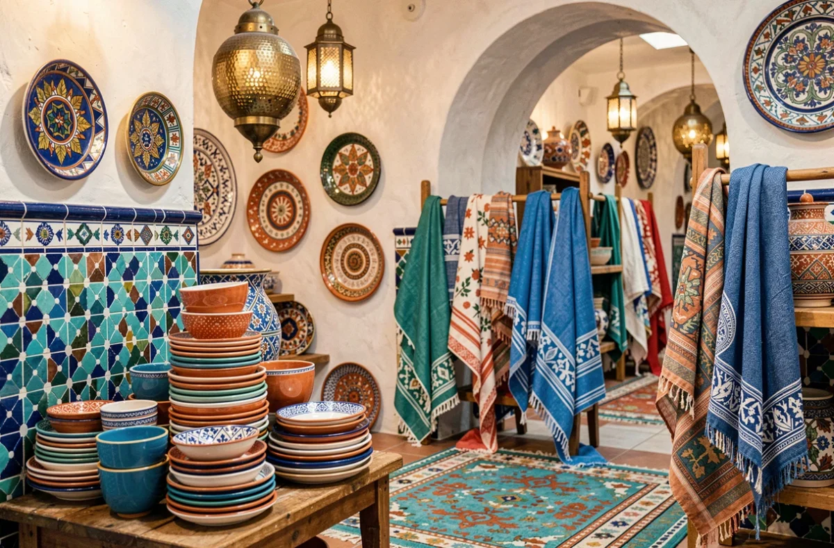 Boutique Azul Azul inspirée des traditions méditerranéennes et marocaines avec des céramiques en zellige, des lanternes en laiton martelé et des tapis colorés en turquoise et terracotta.