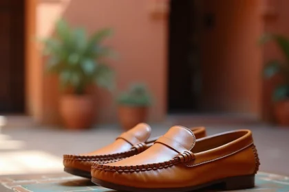 Paire de babouches en cuir tan posée sur une surface en bois dans un riad marocain, détails de couture artisanale visibles