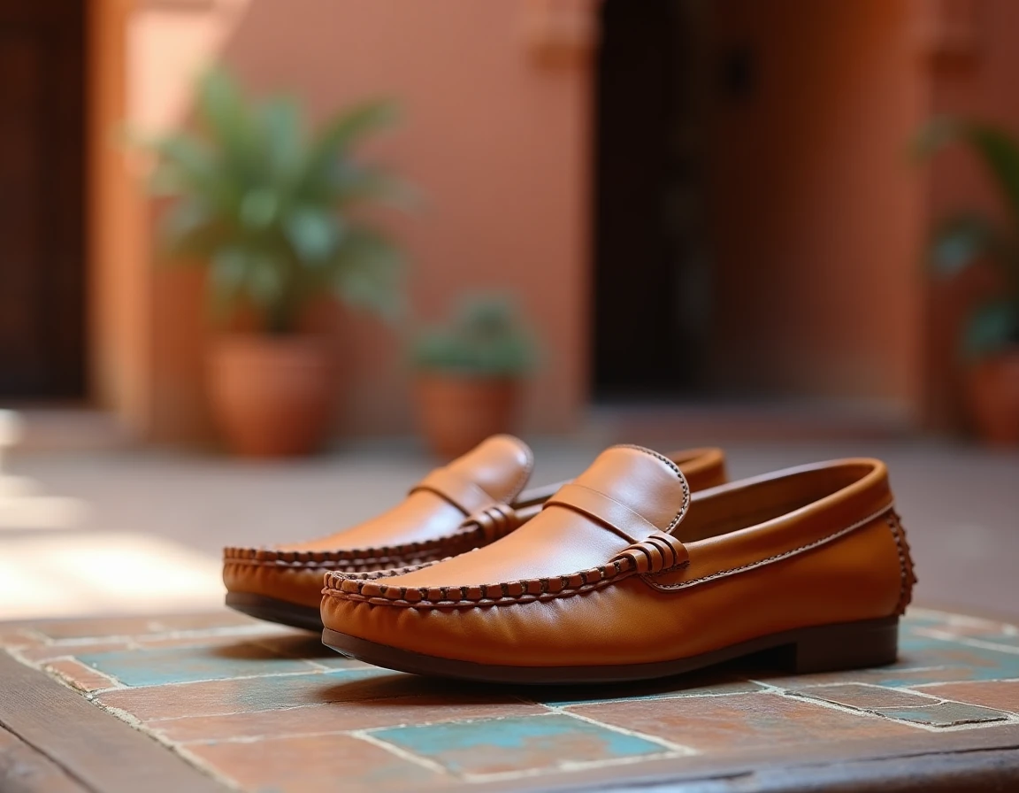Paire de babouches en cuir tan posée sur une surface en bois dans un riad marocain, détails de couture artisanale visibles
