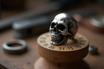 Bague tête de mort en argent posée sur un mandrin gradué pour mesurer la taille de bague