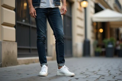 Homme portant des baskets françaises blanches en cuir sur un trottoir pavé parisien, tenue casual chic urbaine
