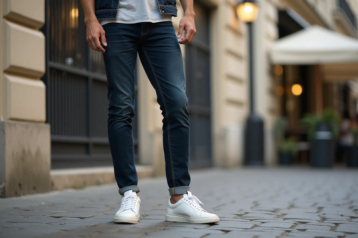 Homme portant des baskets françaises blanches en cuir sur un trottoir pavé parisien, tenue casual chic urbaine