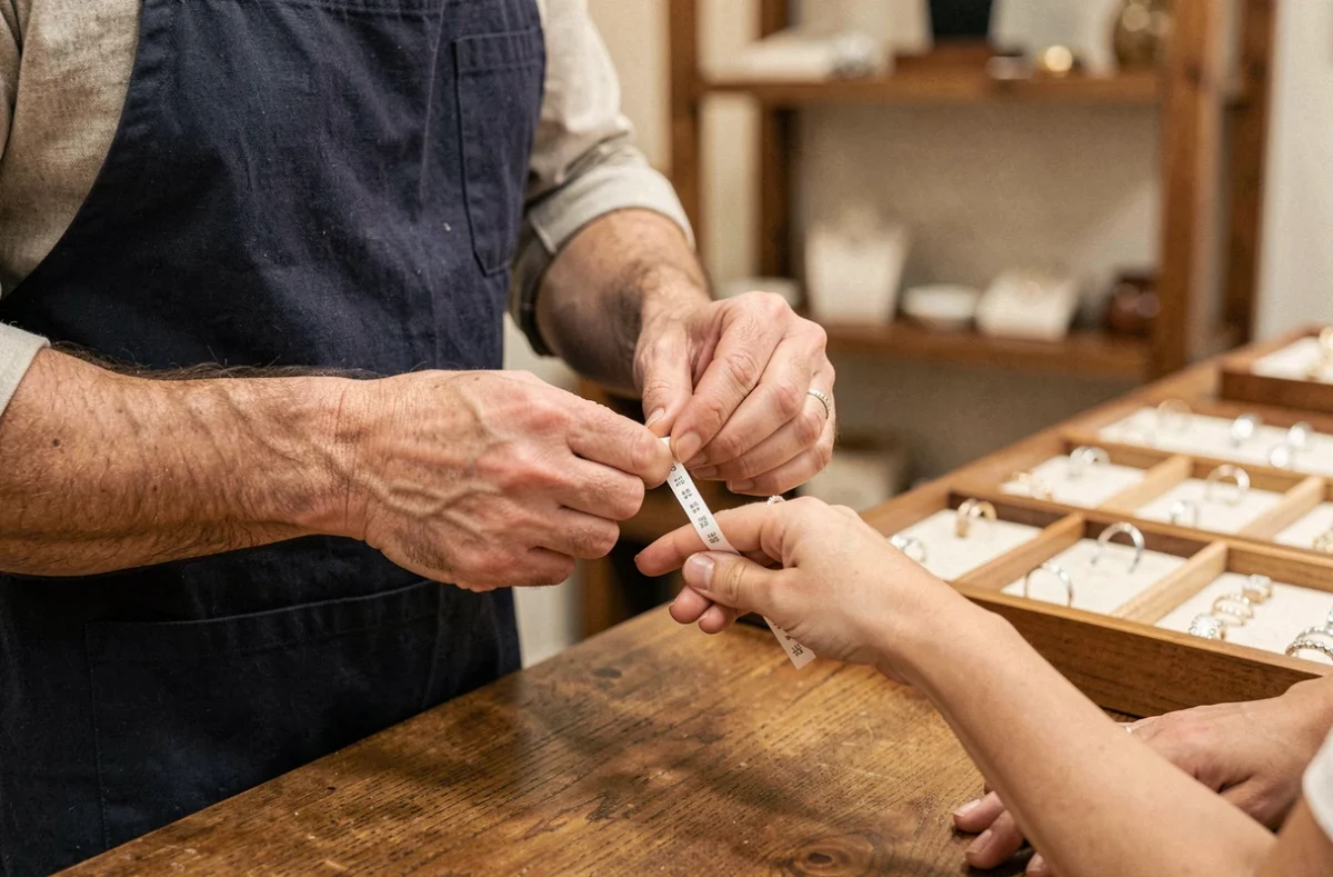 Bijoutier mesurant le doigt d'une cliente avec un guide de taille en papier dans une boutique de joaillerie artisanale