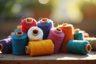 Pile de bobines de textile colorées sur une table ensoleillée
