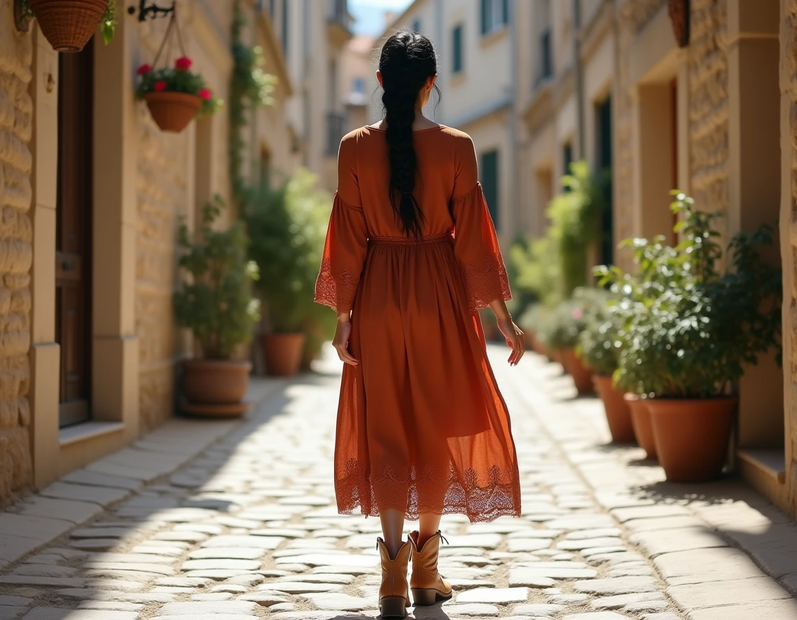 Femme marchant dans un village français en robe bohème midi rouille avec des bottines country cognac à talons