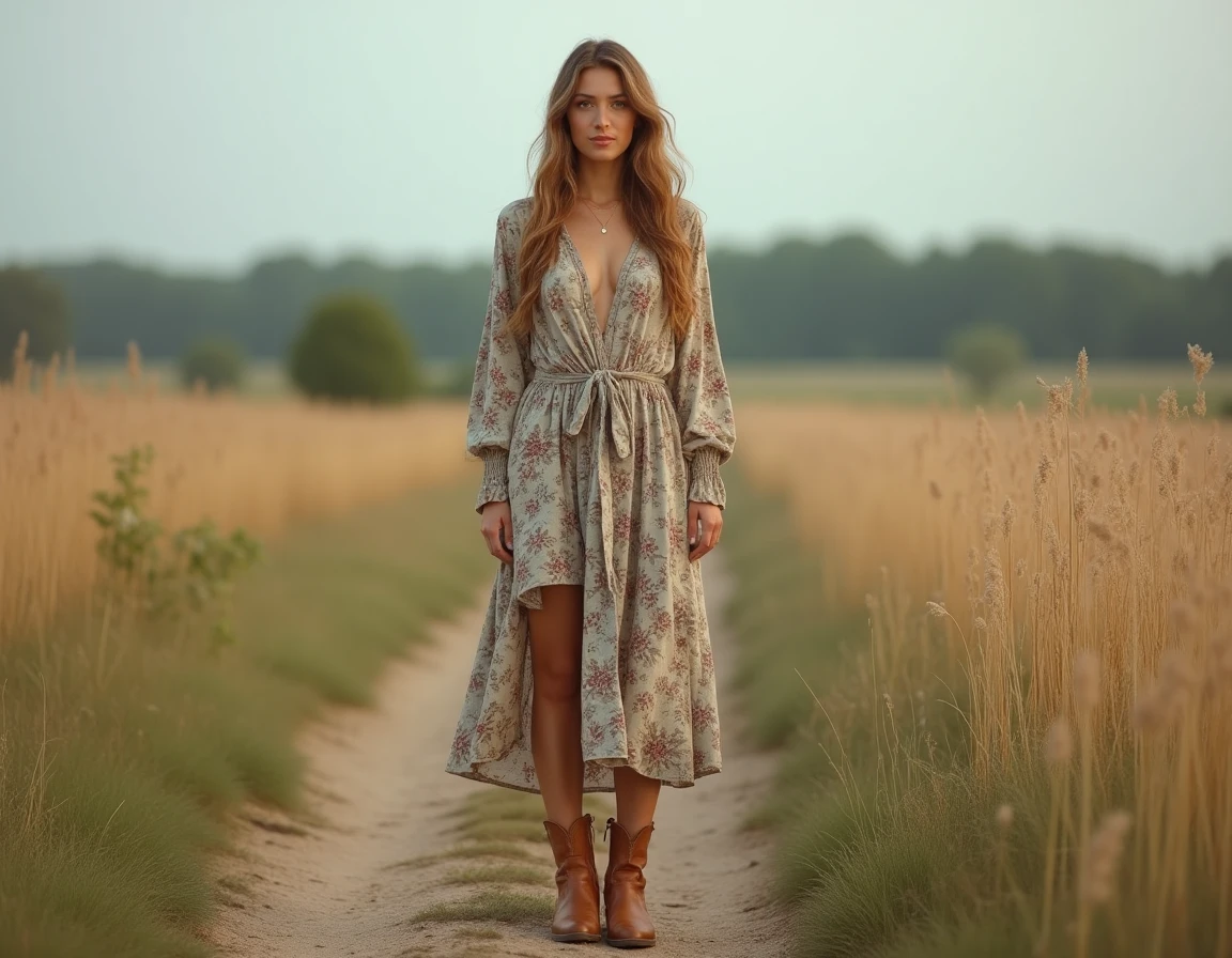 Femme portant une robe bohème fleurie avec des bottines country en cuir tan sur un chemin de campagne