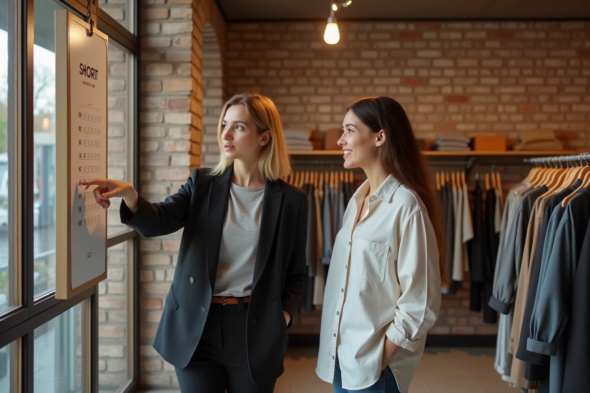 Deux femmes consultant un guide des tailles dans une boutique de mode contemporaine avec des portants de vêtements en arrière-plan