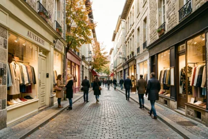 Rue commerçante animée d'Auvergne-Rhône-Alpes avec des boutiques de vêtements aux vitrines soignées