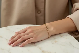 Bracelet femme en or TRESOR posé sur une surface en marbre, vue macro élégante du bijou à maillons fins