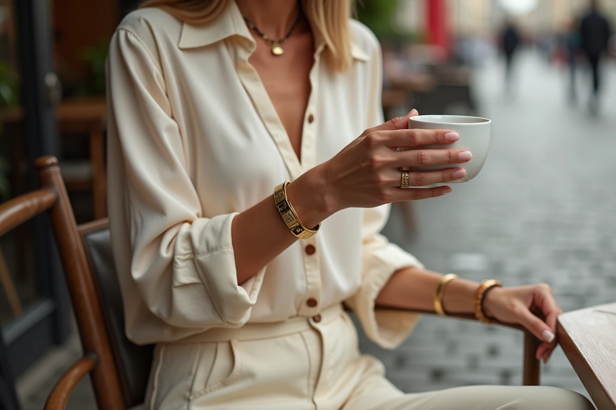 Femme élégante portant un bracelet en or TRESOR avec une tenue chic en terrasse de café parisien