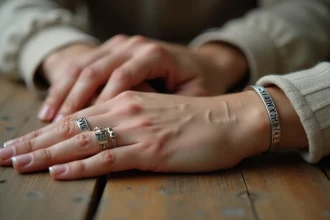 Bracelets homme et femme assortis gravés avec chiffres romains et symbole infini, portés en couple sur une table en bois