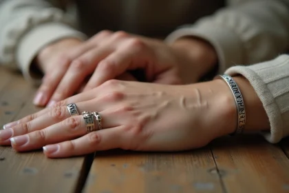 Bracelets homme et femme assortis gravés avec chiffres romains et symbole infini, portés en couple sur une table en bois