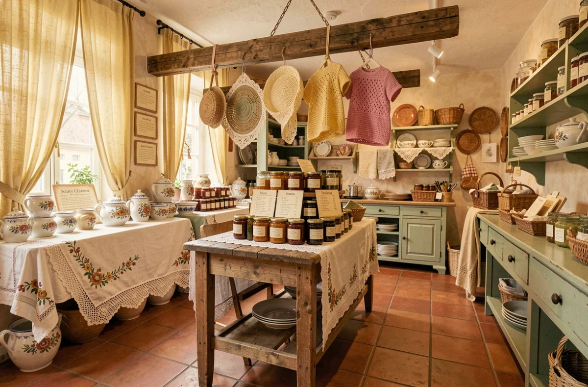 By Mamé, concept store à l'esprit familial et chaleureux avec des nappes brodées, des pots en faïence peints, des confitures artisanales et des textiles au crochet dans une atmosphère de cuisine de grand-mère.