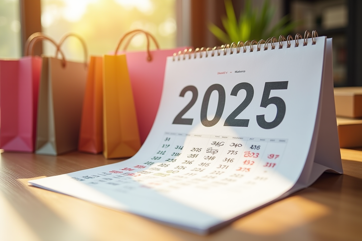 Calendrier 2025 avec notes importantes et sacs de shopping