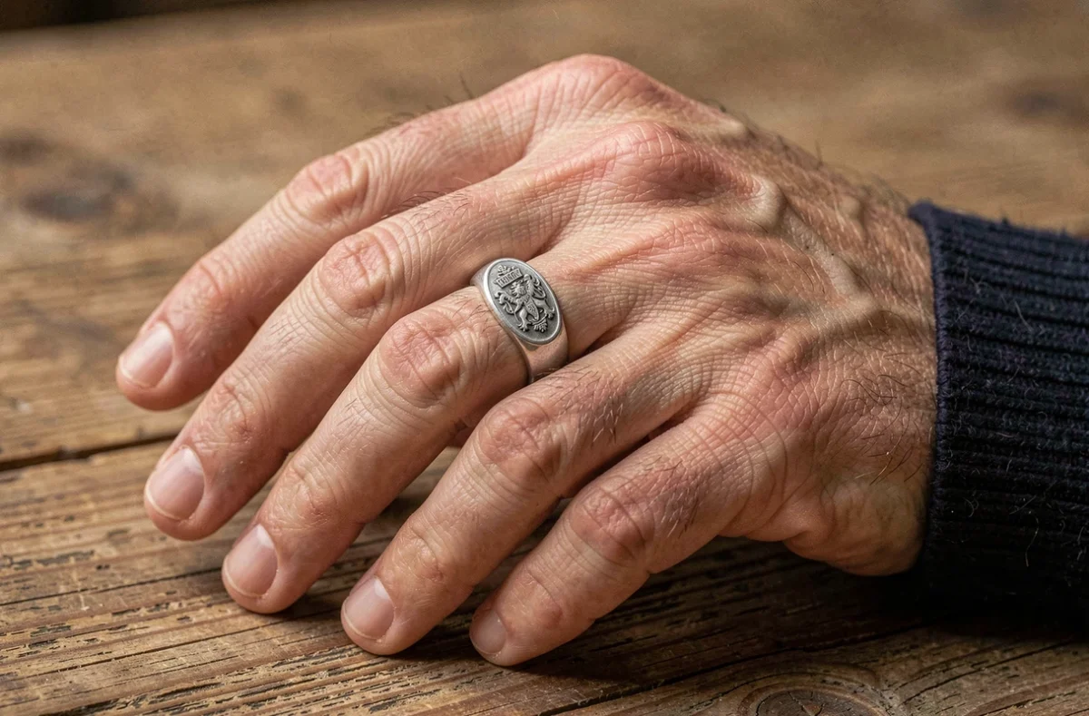 Chevalière en argent portée sur le doigt d'un homme avec une texture de peau réaliste et un fond en bois