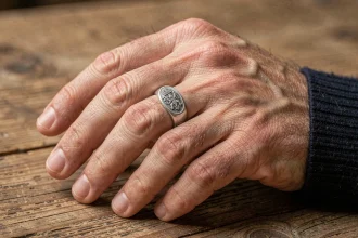 Chevalière en argent portée sur le doigt d'un homme avec une texture de peau réaliste et un fond en bois