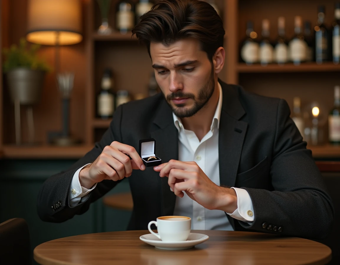 Homme tenant une chevalière en or blanc dans un café parisien avec écrin en velours ouvert sur la table