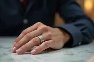 Chevalière en or blanc homme portée à la main gauche sur fond de marbre blanc dans un intérieur moderne