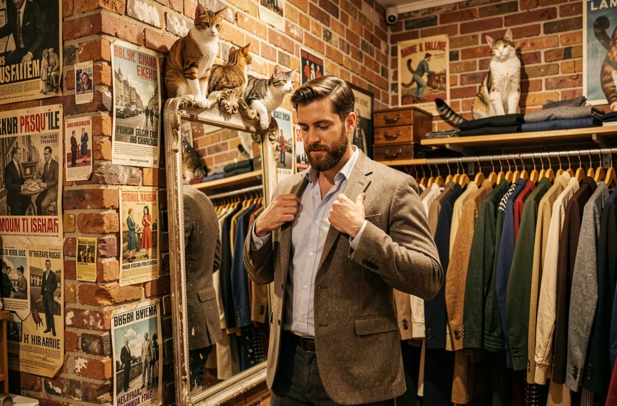 Boutique Chez Moustache à Lyon avec décor atypique et homme essayant un blazer en laine devant un miroir vintage