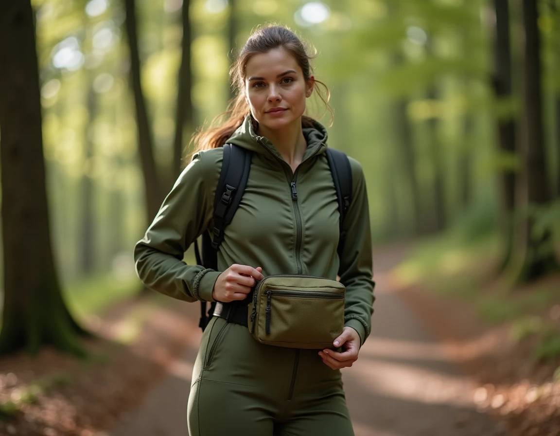 Femme ajustant la sangle de sa banane sur un sentier forestier, zoom sur le détail du rembourrage et de la boucle de réglage