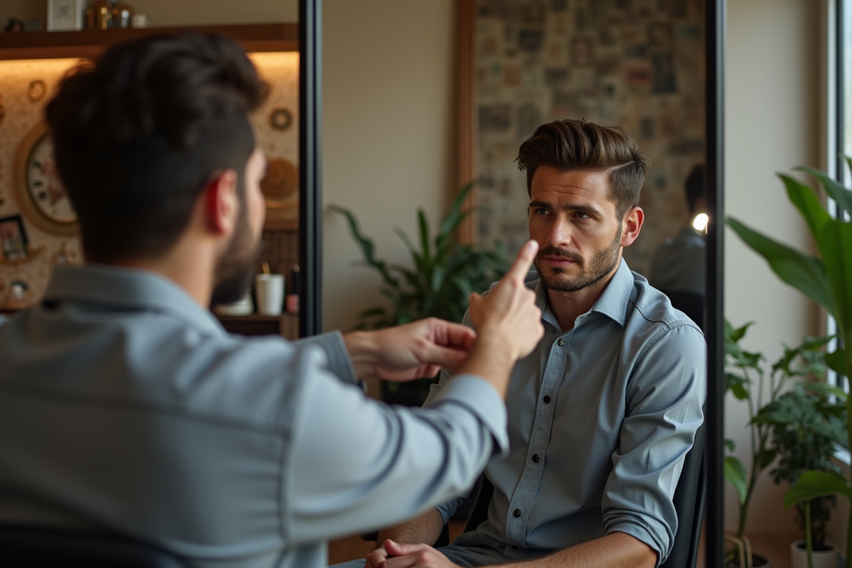 Client homme regardant dans un miroir au salon urbain