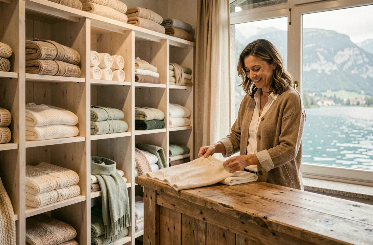 Intérieur douillet de la boutique Cocooning à Annecy avec vue sur le lac et vêtements en matières douces