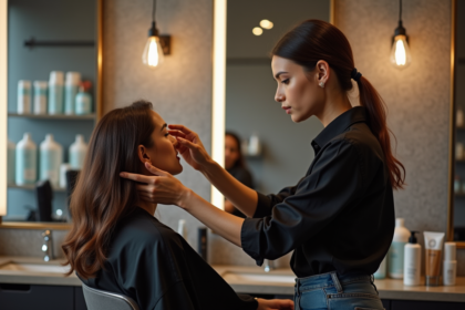 Coiffeuse femme examinant un visage dans un salon moderne