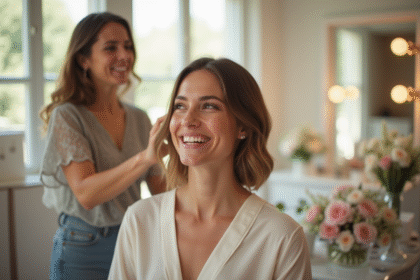 Femme joyeuse coiffée par un coiffeur dans un salon de mariage lumineux