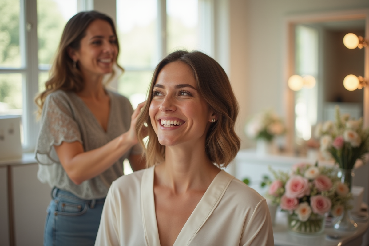 Femme joyeuse coiffée par un coiffeur dans un salon de mariage lumineux