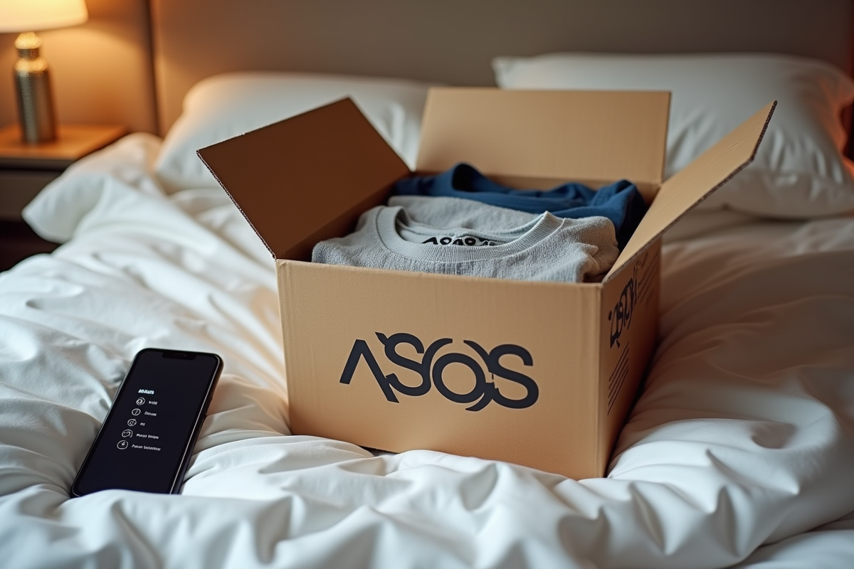Colis ASOS ouvert sur un lit avec vetements authentiques et smartphone