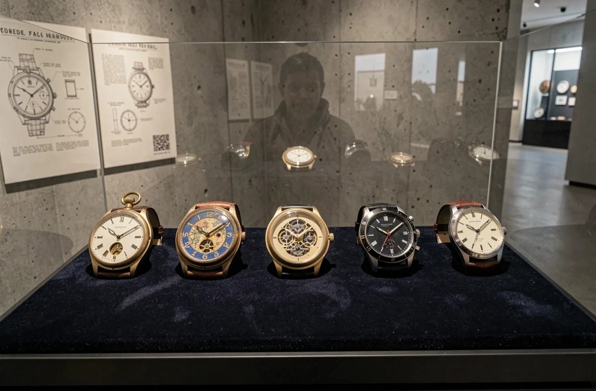 Collection de cinq montres de haute horlogerie exceptionnelles exposées sur velours marine dans une vitrine de musée