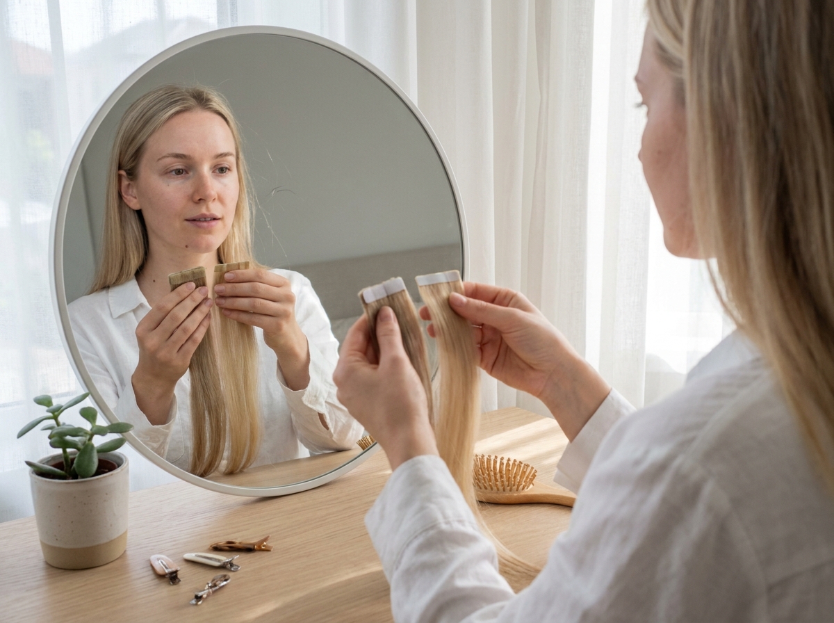 Femme comparant des extensions à scratch et adhésives devant un miroir de coiffeuse à domicile