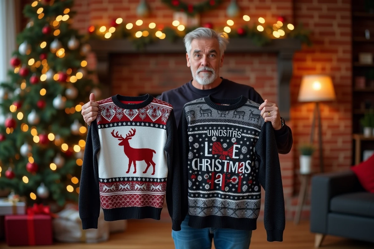 Comparaison de deux pulls de Noël personnalisés, l'un avec un design réussi et l'autre avec des erreurs de pixellisation et de débordement de couleurs