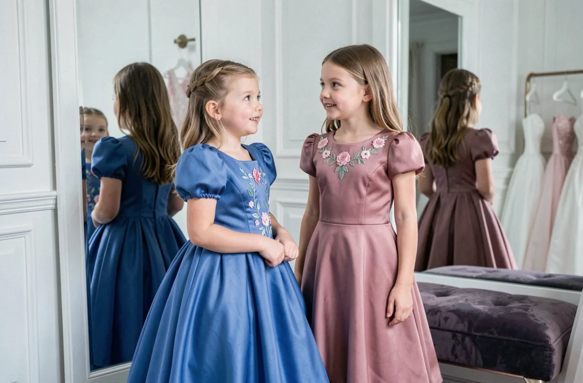 Deux fillettes aux morphologies différentes essayant des robes de princesse devant un miroir dans une cabine d'essayage