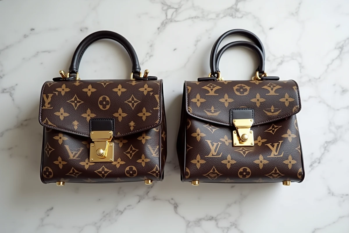 Comparaison côte à côte d'un sac Louis Vuitton authentique et d'une réplique contrefaite, détails de coutures et fermoir visibles sur marbre blanc