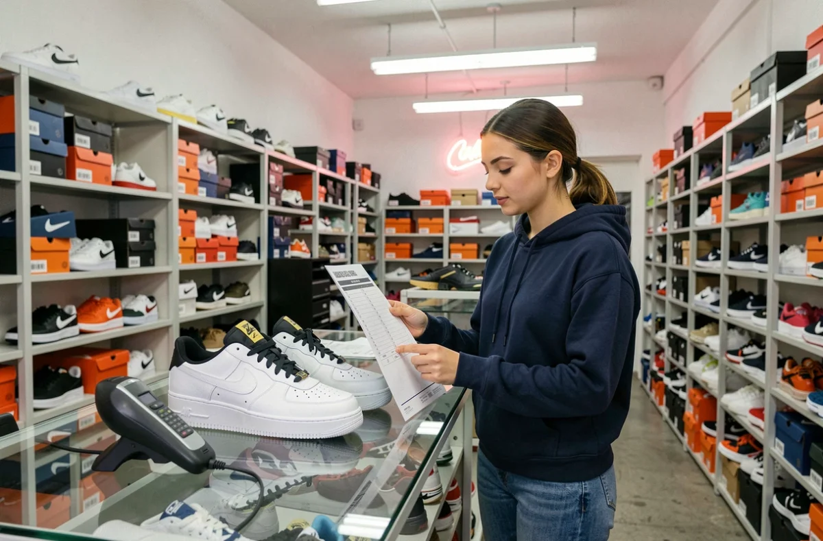 Femme comparant deux paires de Nike dans une boutique de revente en vérifiant les codes UPC pour détecter les contrefaçons
