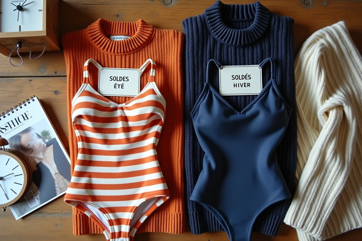 Vue en plat pose comparant des vêtements soldés d'été et d'hiver avec étiquettes de réduction saisonnières en France