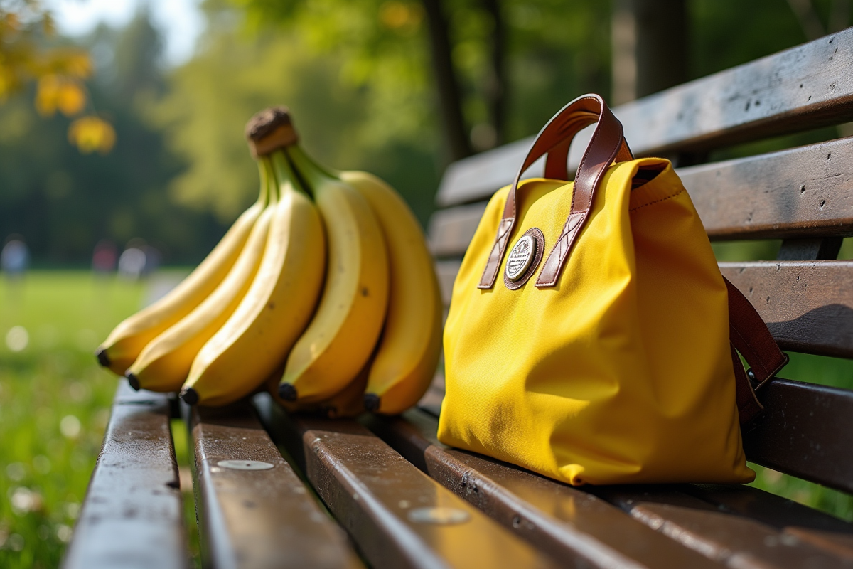 Comparaison de sacs banane en nylon et en toile sur un banc