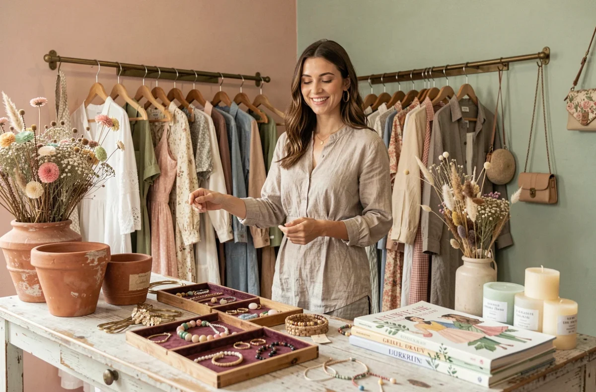 Intérieur cosy du concept store chez Laurette avec des vêtements féminins vintage, des bijoux artisanaux et des accessoires locaux dans une boutique aux teintes pastel roses et sauge.